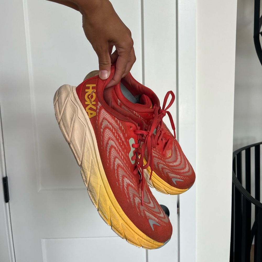 Hoka Men’s Arahi 6 Red and Yellow Athletic Shoes